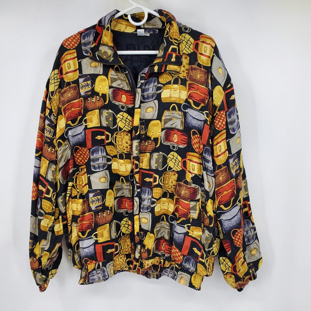 Fuda International Vintage 100% Silk Handbag Print Bomber Jacket Womens XL Black